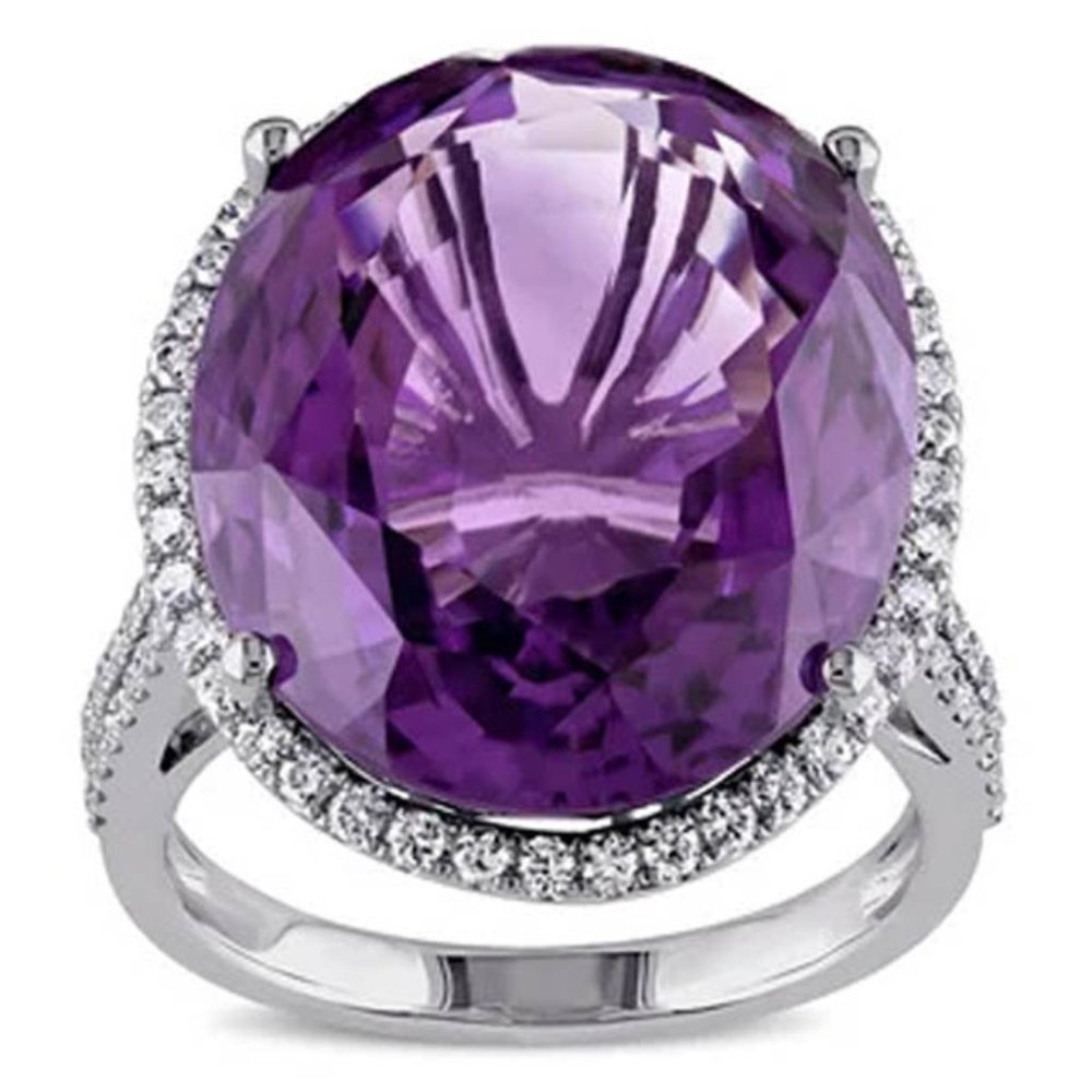 NIB MASSIVE 22 ct 19x16 mm Amethyst & .6 ct Diamond Ring 14K White Gold Size 6.5